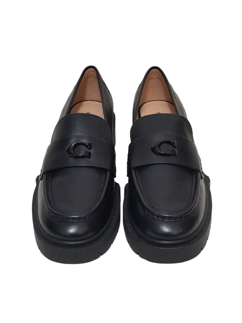 Coach Leah Platform Penny Loafers Black Leather Lug Sole Chunky Shoes